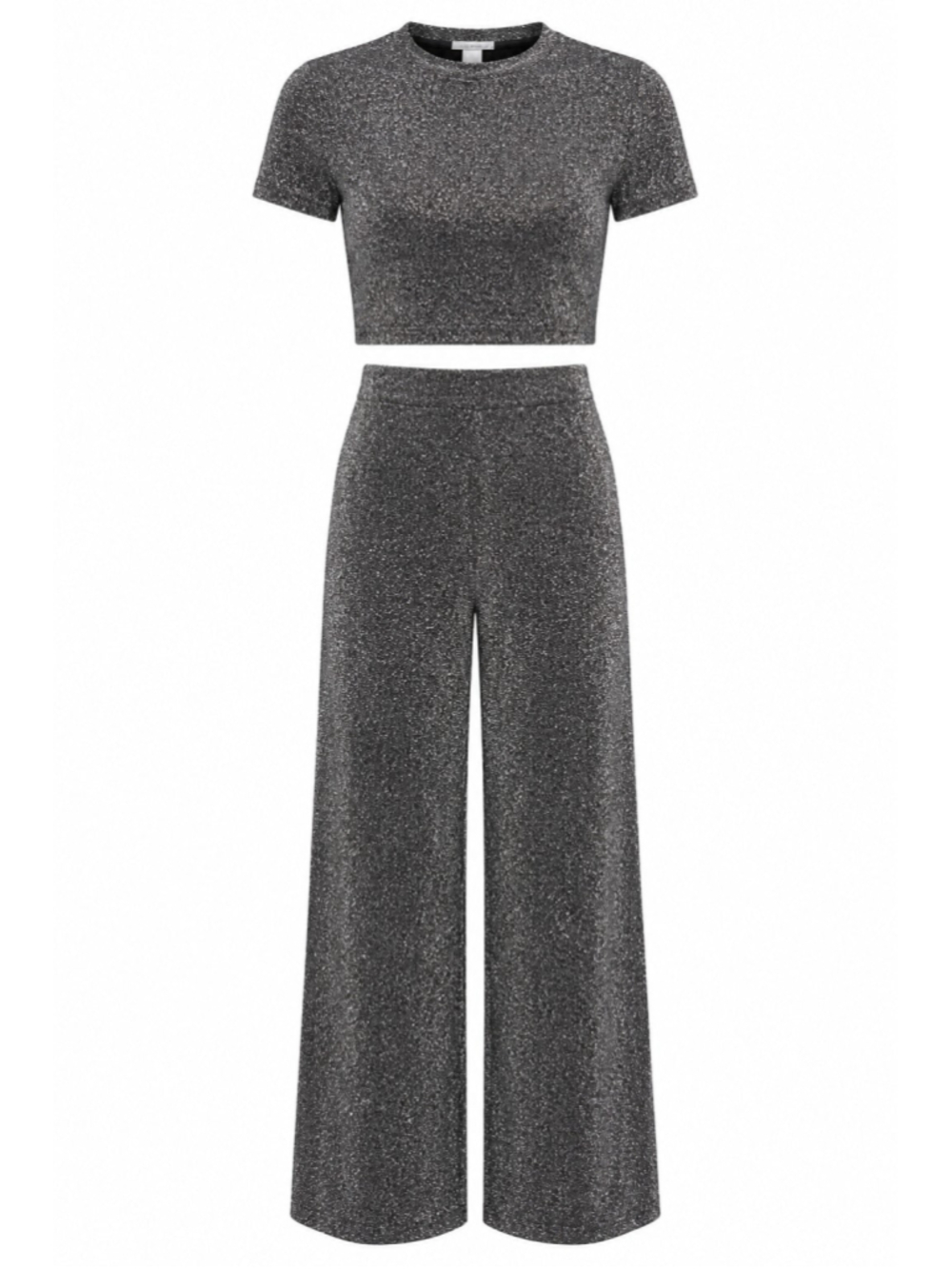 H&M Silver Metallic Glitter Co Ord Set Crop Top Wide Leg Pants Sz XS Party Disco